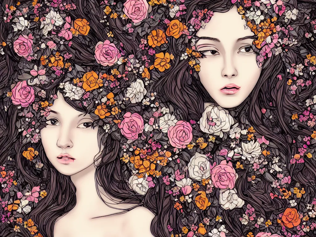 Image similar to beautiful girl digital art james jean long hair with flowers baroque