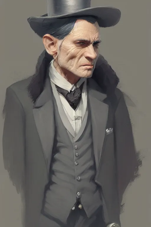 Prompt: a grey hair halfling with no beard top hat and suit by Greg Rutkowski, painting, portrait, HD, high details, trending on artstation