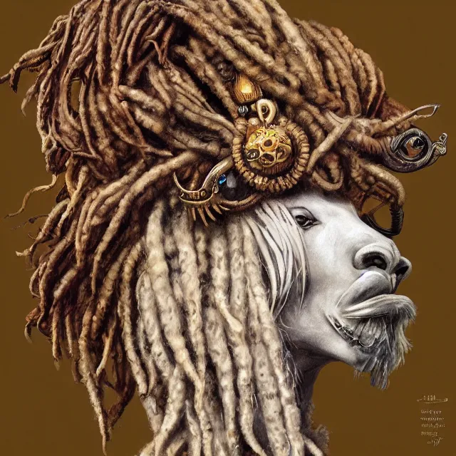 Image similar to llama with dreadlocks, ancient, by mandy jurgens, ernst haeckel, james jean