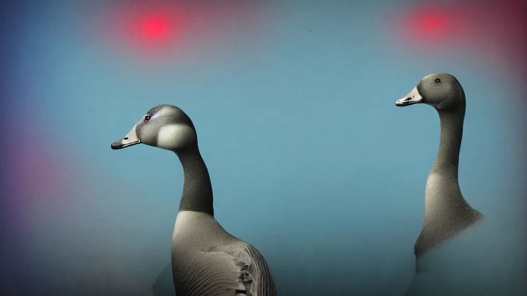 Image similar to portrait of an ethereal graylag goose made of blue and red light, divine, cyberspace, mysterious, dark high-contrast concept art