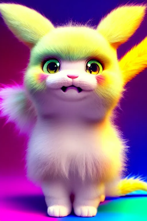 Image similar to high quality 3 d render hyperrealist very cute multicolor stripped fluffy! unicorn kitty, kittycorn, rainbow, hybrid highly detailed, vray smooth, in the style of detective pikachu, hannah yata charlie immer, dramatic pink light, low angle, uhd 8 k, sharp focus
