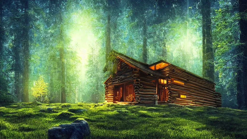 Image similar to portrait of an ethereal log cabin made of golden blue and green light, evergreen forest, divine, cyberspace, mysterious, dark high-contrast concept art