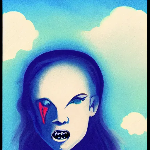 Image similar to wipsy clouds shaped like a vampire womans face with an ear-to-ear mouth, pointy teeth, nightime, blue pallete, an old suburban house, 4k