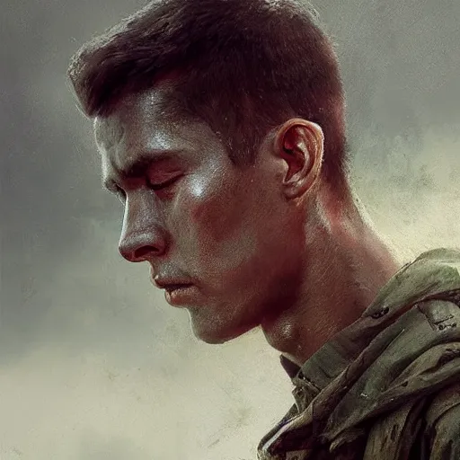 Prompt: a dramatic epic ethereal portrait of a Vietnam War soldier, young male, detailed face, cinematic lighting, highly detailed oil on canvas painting by Greg Rutkowski, winning-award digital art trending on Artstation H 1024 W 832