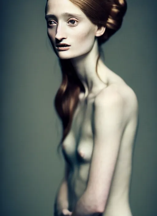 Prompt: portrait photography of a beautiful woman, in fine art photography style of Paolo Roversi , rose huntington whitely style 3/4 , natural color skin pointed in rose, long hair with ornamental hairstyle, full body dressed with a ethereal transparent voile dress, elegrant, 8K, soft focus, melanchonic rose soft light, volumetric dramatic lighting, highly detailed Realistic, hyper Refined, Highly Detailed, natural point rose', indoor soft lighting, soft delicate lighting colors scheme, soft blur lighting, fine art fashion photography