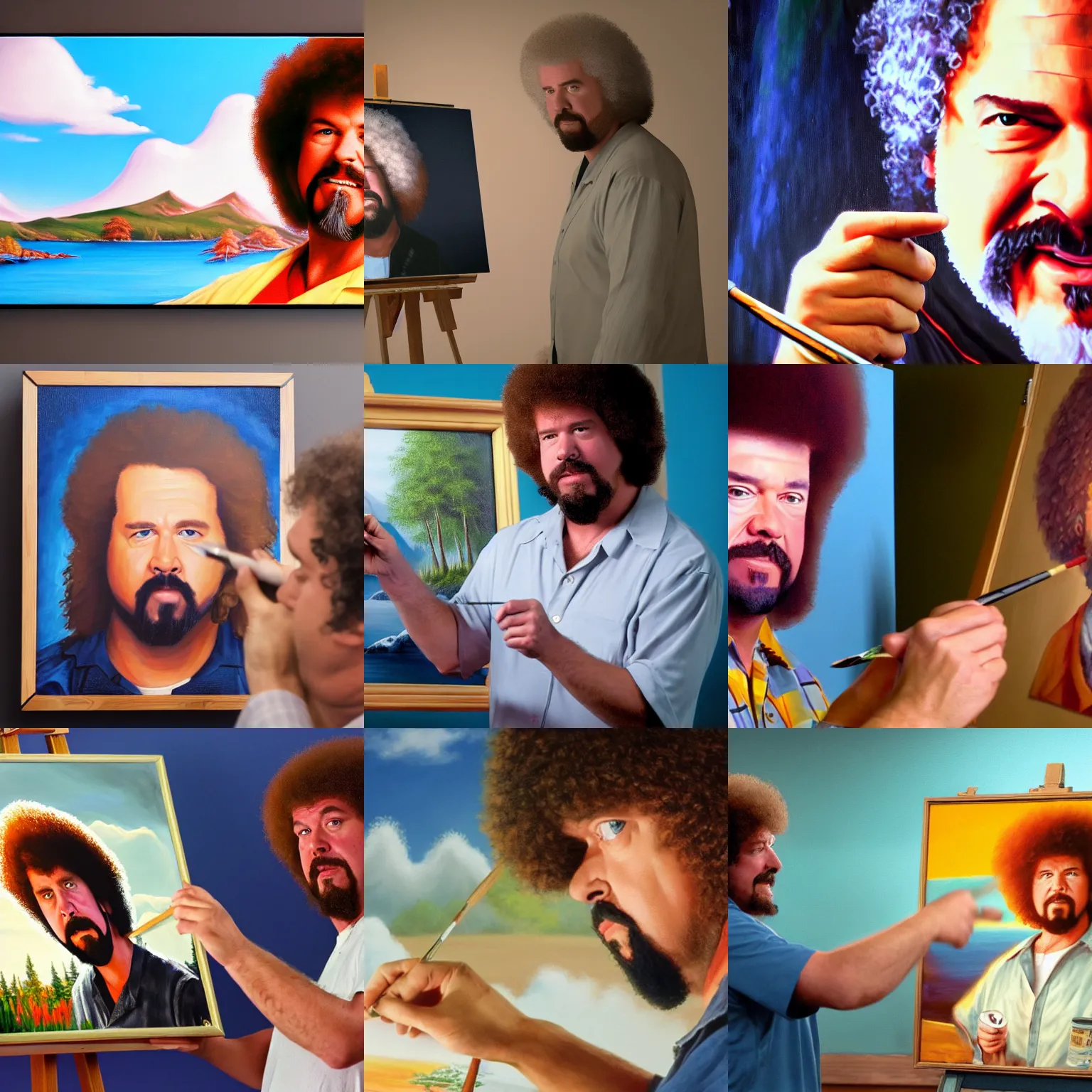 Prompt: a closeup photorealistic photograph of bob ross detailing a canvas painting of kenny powers. film still. brightly lit scene. this 4 k hd image is trending on artstation, featured on behance, well - rendered, extra crisp, features intricate detail, epic composition and the style of unreal engine.