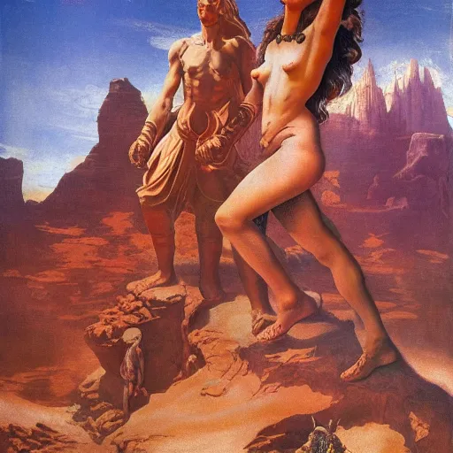 Image similar to pilgrimage of Desert Deity under crimson azure diamond sky, in the style of Frank Frazetta, Jeff Easley, Caravaggio, extremely clear and coherent, clear lines, 8K revolution