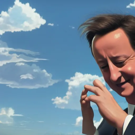 Prompt: A still of Prime Minister David Cameron in the film Kimi no Nawa, intricate detail, anime, trending on artstation