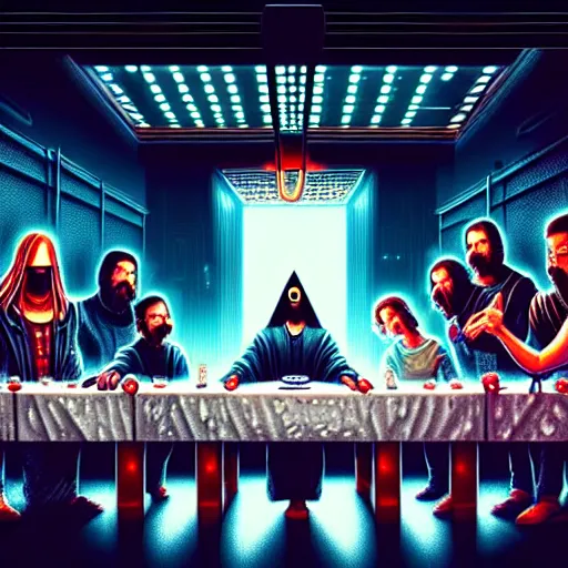 Image similar to the last supper, cyberpunk, futuristic, scify, insanely detailed, trending on artstation, dan mumford, houdini render, digital art