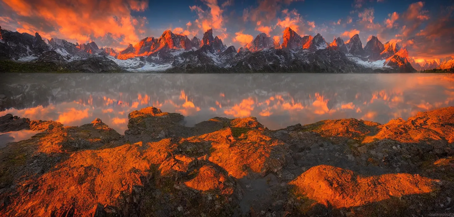 Image similar to amazing landscape photo of mountains with lake in sunset by marc adamus, beautiful dramatic lighting