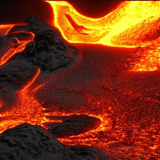 Prompt: 8 k hd detailed octane render of a river of molten magma following from a volcano