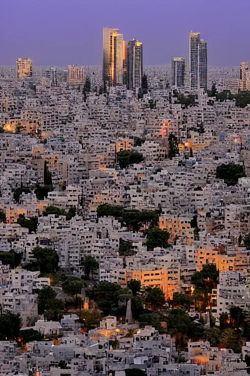Image similar to landscape of tel aviv, israel mystery at dusk. by moebius