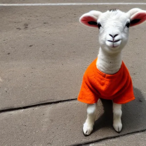 Image similar to cute lamb wearing orange inmate clothes