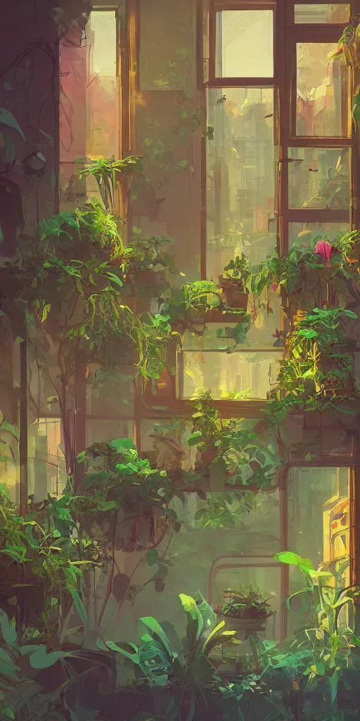 Image similar to lush windowsill with plants on it, looking out toward a solarpunk cityscape, vignette of Victorian windowsill, detailed digital concept art by anton fadeev and marc simonetti, trending on artstation