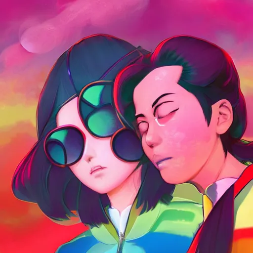 Prompt: Tanjiro Kamado and Nezuko Kamado; psychedelic; 4K; anime; artstation; art style of Ross Tran and Ilya Kuvshinov; LSD; rainbow