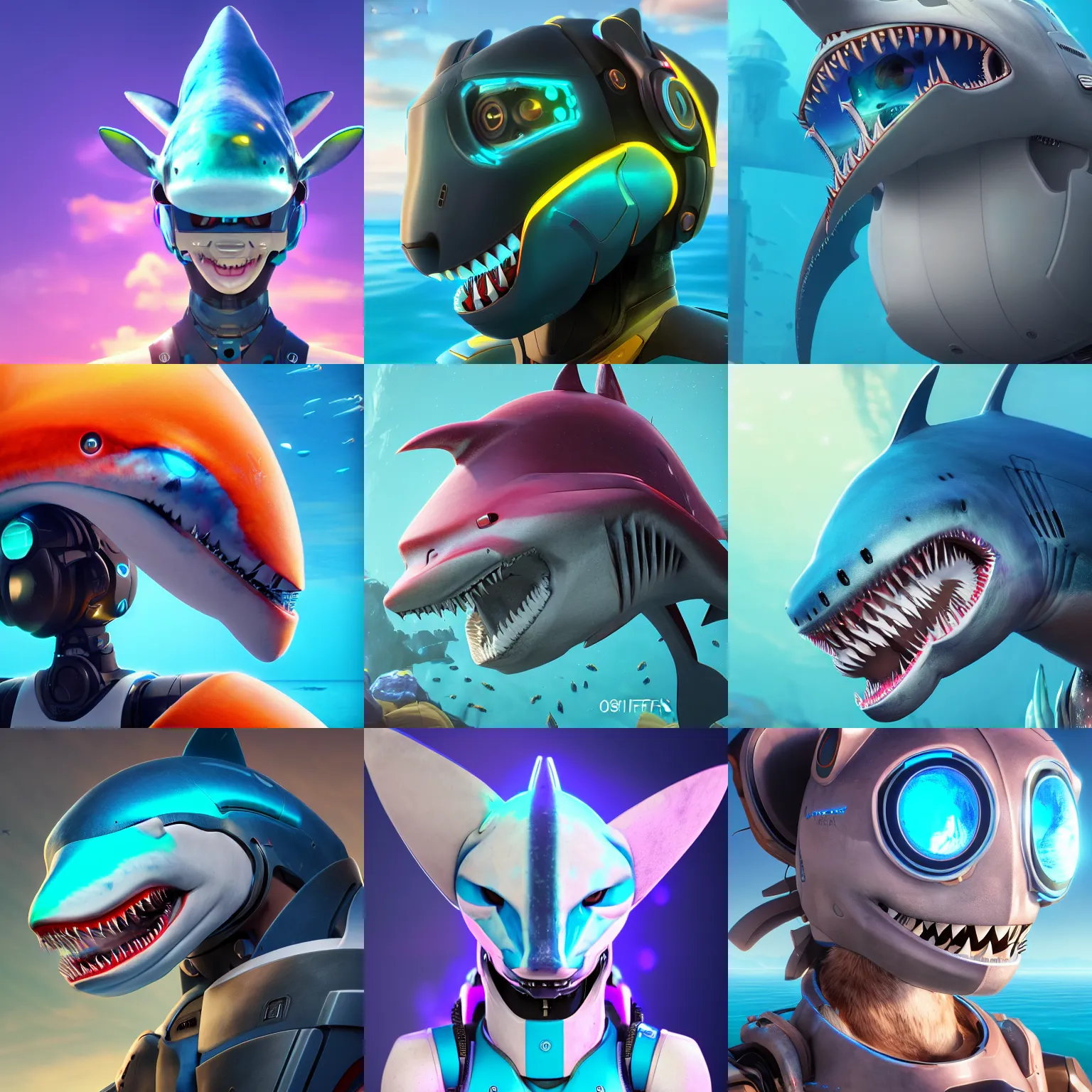 Prompt: very very beautiful furry art, bust profile picture of a robotic anthro shark, visor screen for face, opaque visor, commission on furaffinity, cgsociety, octane render, vibrant colors, subnautica