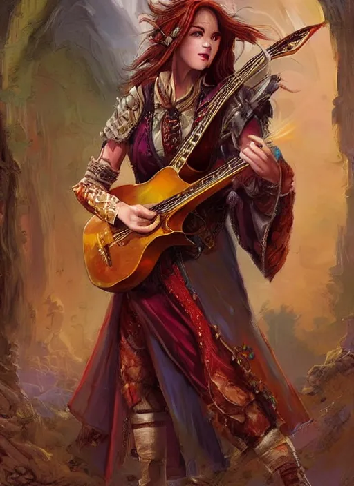 Prompt: female bard playing guitar, ultra detailed fantasy, dndbeyond, bright, colourful, realistic, dnd character portrait, full body, pathfinder, pinterest, art by ralph horsley, dnd, rpg, lotr game design fanart by concept art, behance hd, artstation, deviantart, hdr render in unreal engine 5