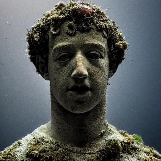 Prompt: Award-winning photograph by Mar Mann. The photo depicts a decaying roman bust of Mark Zuckerberg overgrown with moss at the bottom of the sea in the middle of ruins of civilization. Minimalism, high definition, perfect composition. Deep sea picture. Very dark. Volumetric Lighting. Fish. Darkness. Ruins