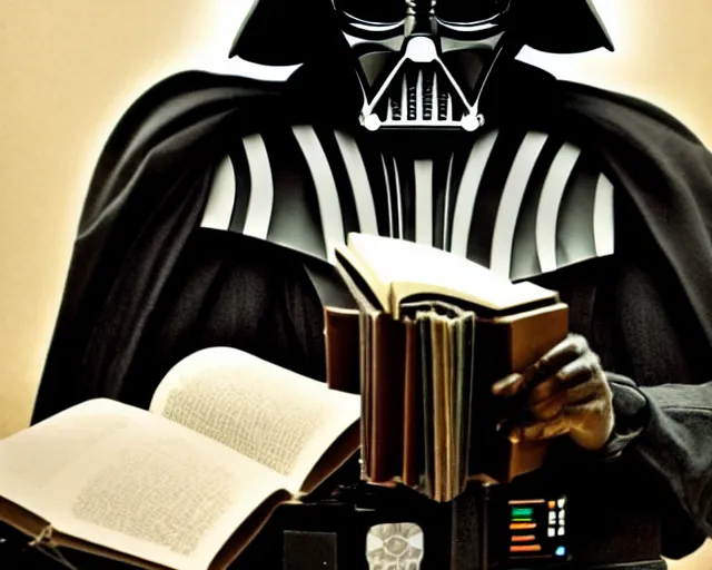 Prompt: a photograph of Darth Vader reading a book about moral philosophy