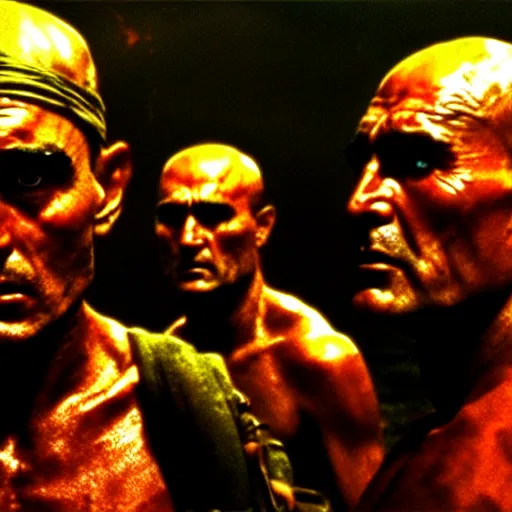 Image similar to a still from the movie Apocalypse now, cinematic lighting, gritty, detailed faces