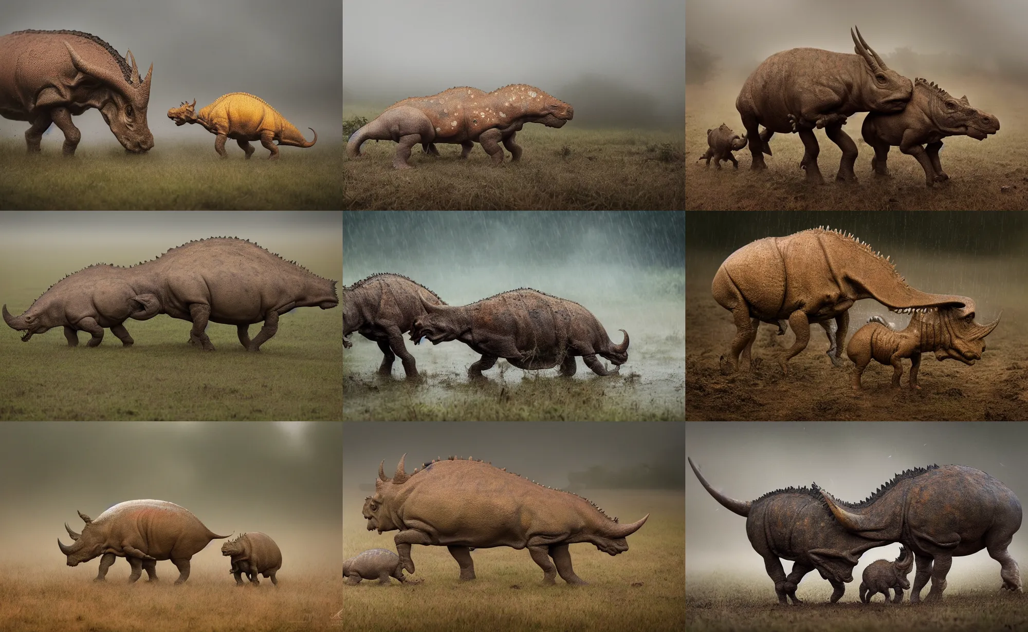 Prompt: nature photography of a rain soaked triceratops and her baby, african savannah, rainfall, mud, fog, digital photograph, award winning, 5 0 mm, telephoto lens, national geographic