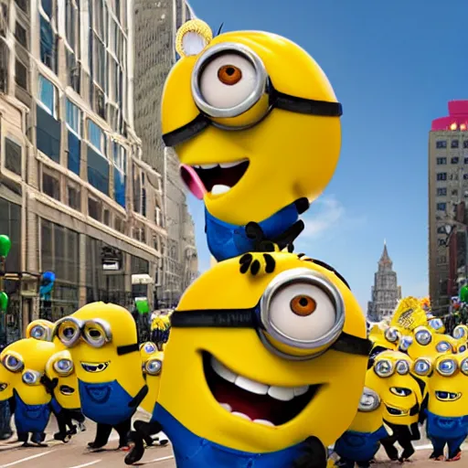 Prompt: minion macys parade thanks giving day balloon float realstic photo