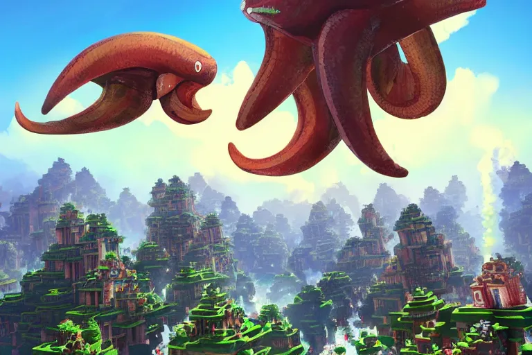 Image similar to giant squids battling in the sky, minecraft, artstation, highly detailed