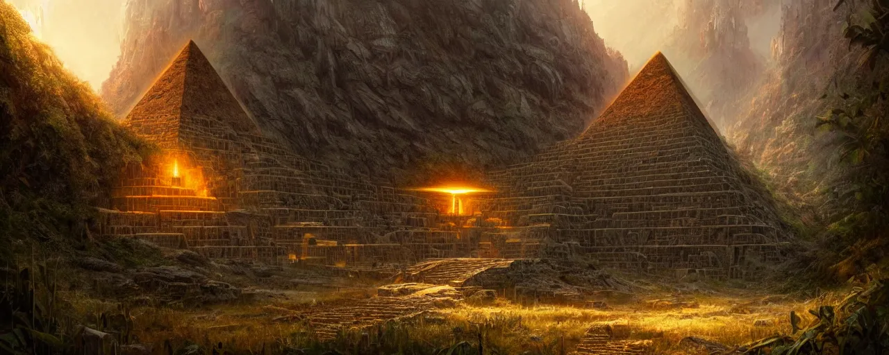 Image similar to an intricate concept art of a hidden pyramid with golden door in the middle of mountains undergrowth, photorealistic movie still, sci - fi, hyper realistic, concept art, art by dylan cole, feng zhu, artgerm, greg rutkowski, cinematic lighting, octane render