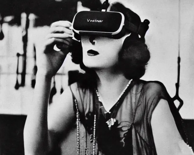 Image similar to 1 9 2 0 s photo of a flapper girl wearing a vr headset on a stage in a speakeasy