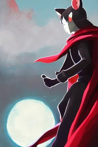 Prompt: little boy with cat ears in an black outfit with red cape. digital artwork made by lois van baarle and kentaro miura and marc simonetti and rhads, sharpness focus, inspired by hirohiko araki, anatomically correct, heroic composition, hero pose, smooth, dark city