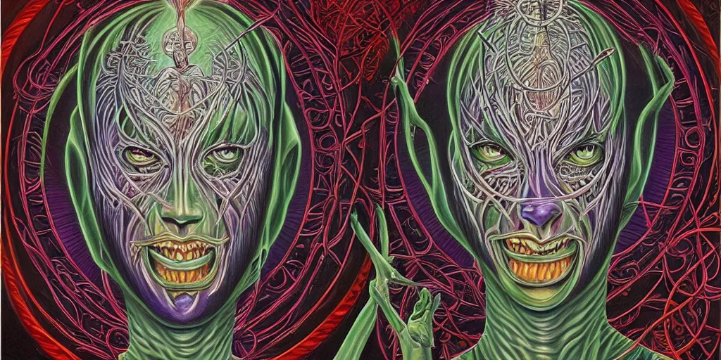 Image similar to drawing inspiration from sri lankan demonology, divine disease is an artistic representation of the malefic deity whose presence is responsible for the cause of epidemics and infectious diseases, concept art, biomechanical, realistic oil painting by alex grey