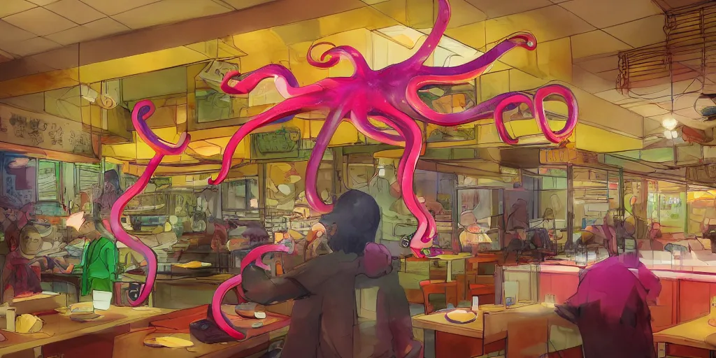 Prompt: concept photo highly detailed rendering of, a giant translucent colorful octapus stealing all the knives from a sushi restaurant at 3 am in the morning, humorous and weird, dramatic cinematic lighting