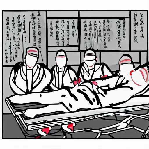 Image similar to chinese surgeons at an operating table, in the style of daniel johnston and outsider art, 8k, line brush, minimal, overlaid with chinese caligraphy