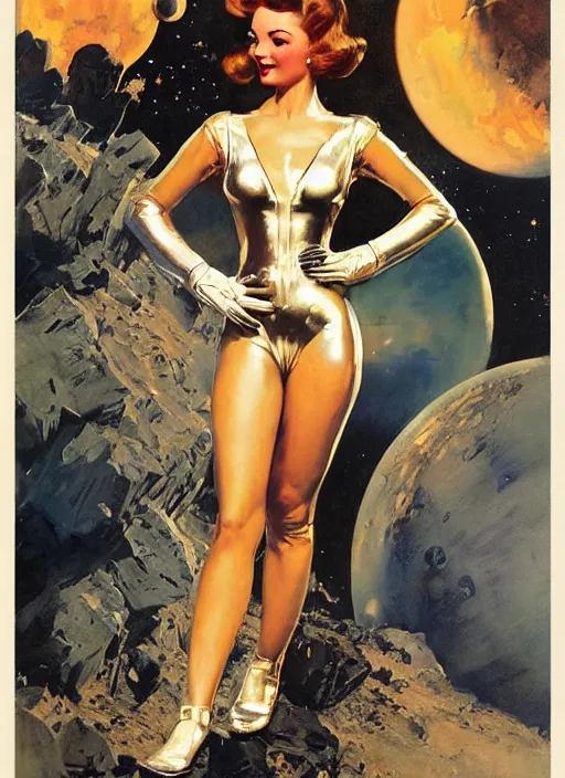 Prompt: elegant lady wearing a latex spacesuit standing on venus, by norman rockwell, jack kirby, jon berkey, earle bergey, craig mullins, ruan jia, jeremy mann, tom lovell, marvel, astounding stories, 5 0 s pulp illustration, scifi, fantasy