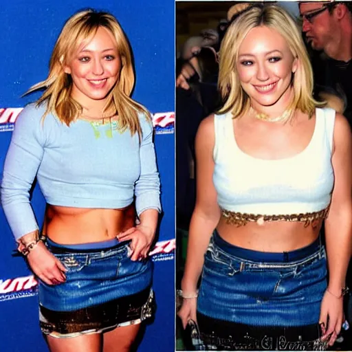 Image similar to Hillary duff with blonde hair, wearing crop top and miniskirt, photography, full body, alluring, smile