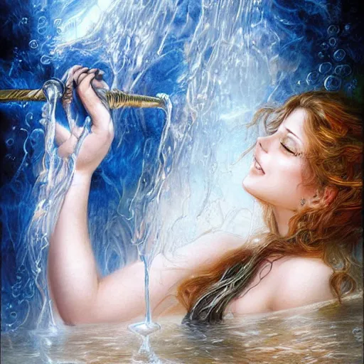 Prompt: a beautiful hangman manipulating water by karol bak, ayami kojima, artgerm, river, water, blue eyes, smile, concept art, fantasy