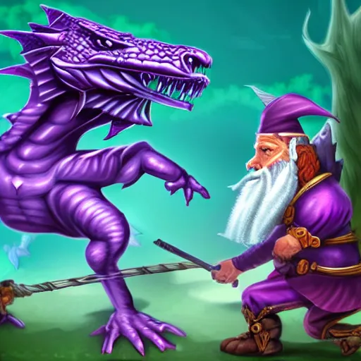 Image similar to purple dragon taming a gnome, fantasy illustration