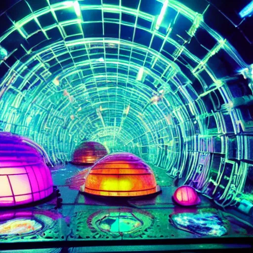 Prompt: 35mm film still blade runner set on Mars in an neon city, domes made of glas by Alex grey and Dan Mumford