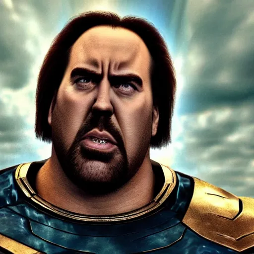 Image similar to a fat nic cage playing thanos hd digital photography, movie still