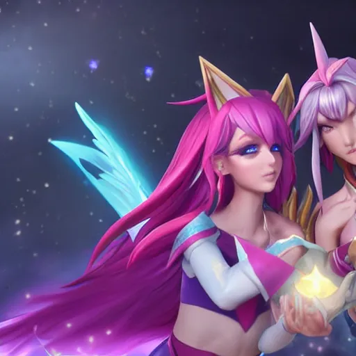 Prompt: star guardian xayah and star guardian kai'sa as friends together, league of legends, by weta digital, 3 - dimensional, realistic