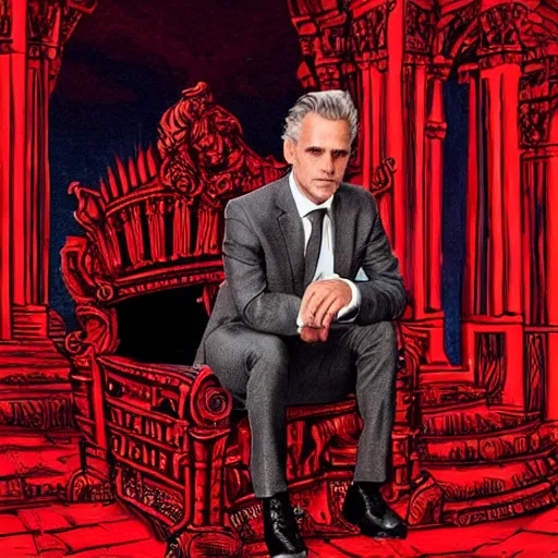 Image similar to jordan peterson seated on the throne of hell, highly detailed, fiery, red hues, lens flare