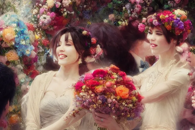 Image similar to the groom look at the bride at a wedding full of flowers, bright and happy, dreamlike art, highly detail, 4 k realistic, wedding photoy krenz cushart, artem demura, yoji shinkawa artgerm, jon lothian, danilo torres. adi meyers. thomas reimann. gaston bussiere.