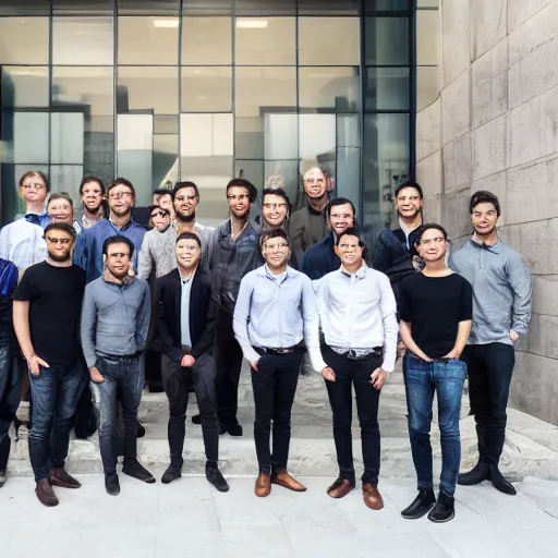 Prompt: blockchain development team of madfish solutions, corporate group photo near the office