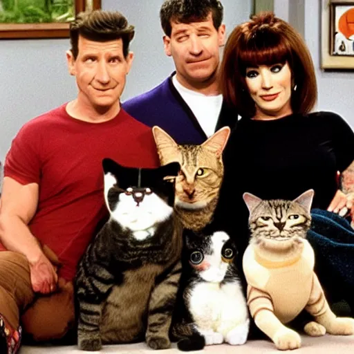 Prompt: a still from the tv series Married with children, actors replaced by cats and dogs, vhs quality