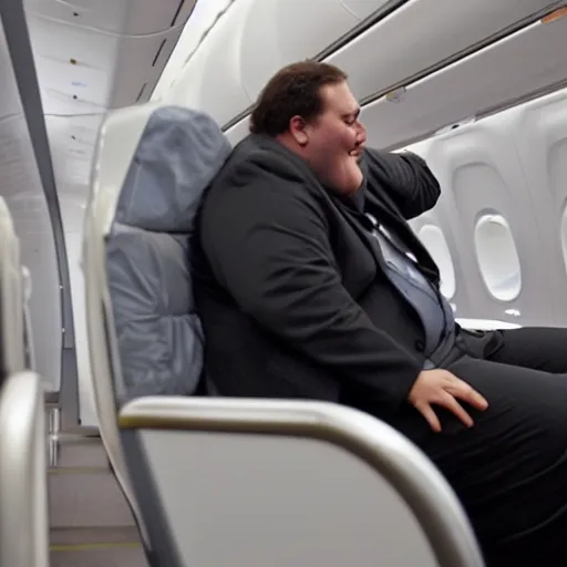 Image similar to a big fat man riding on an airplane who needs to use several seats because he can't fit into one, photography