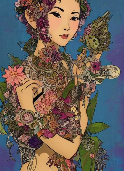 Prompt: !!! very coherent!!! beautiful floralpunk balinese cyborg portrait girl female illustration detailed patterns art of bali traditional dress, flower pop art, floral splash painting, art by geof darrow, ashley wood, alphonse mucha, makoto shinkai, dark shadow