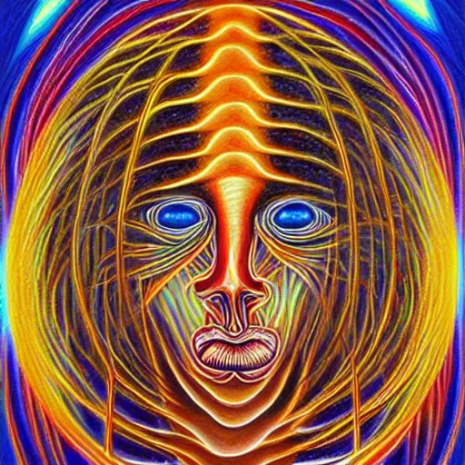 Image similar to Alex Grey painting of a migraine