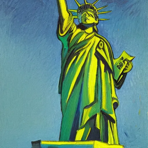 Image similar to portrait of the statue of liberty, in the style of Edward Hopper and Vincent Van Gogh, 4k,