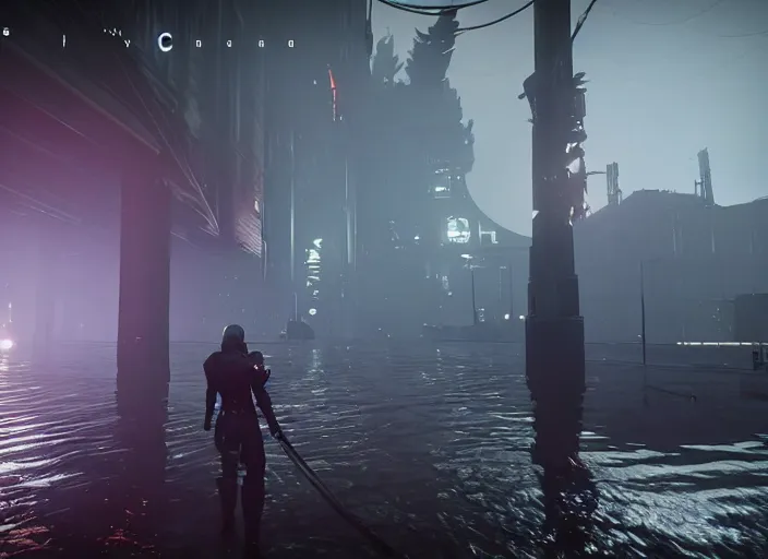 Prompt: 4 k 6 0 fps in - game destiny 2 gameplay showcase, dark, misty, foggy, flooded, rainy new york city swamp street in destiny 2, liminal, dark, dystopian, large creatures in distance, abandoned, highly detailed