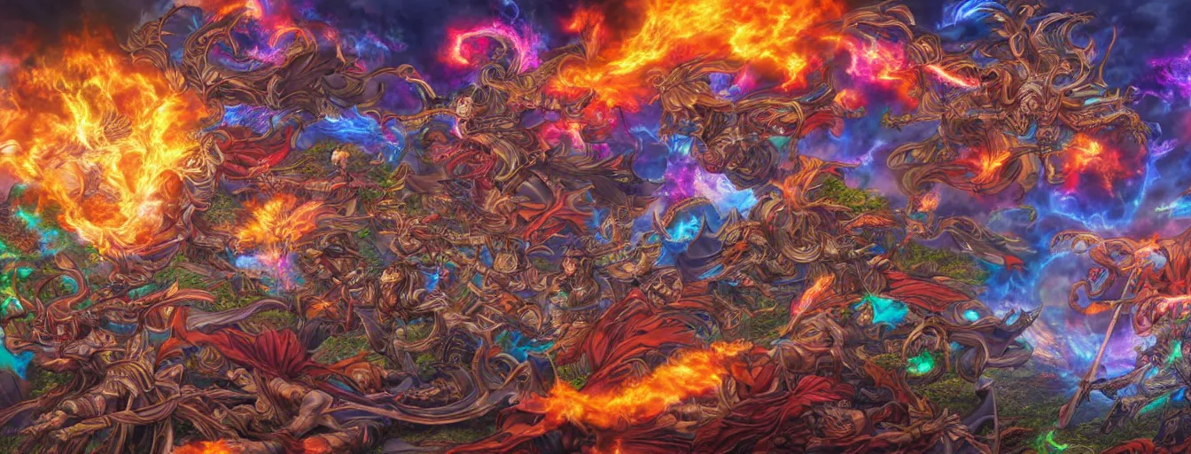 Prompt: a zoomed out panoramic view of rainbow soul fire spirits fighting on the battlefield of death. hyperrealistic anime background illustration by kim jung gi, colorful, extremely detailed intricate linework, smooth, super sharp focus, bright colors, high contrast, matte, octopath traveler, unreal engine 5 highly rendered, global illumination, radiant light